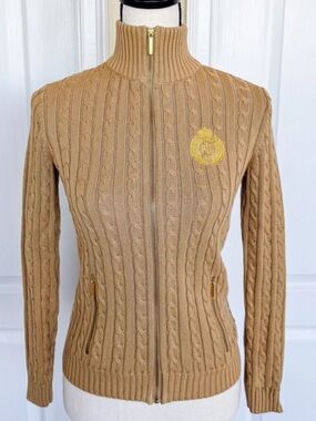 Lauren Ralph Lauren Cable-Knit Full-Zip Sweater Jacket in Camel size S